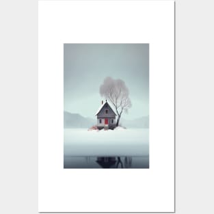 Nordic Winter Cottage Red door Minimalist Art Printable Posters and Art